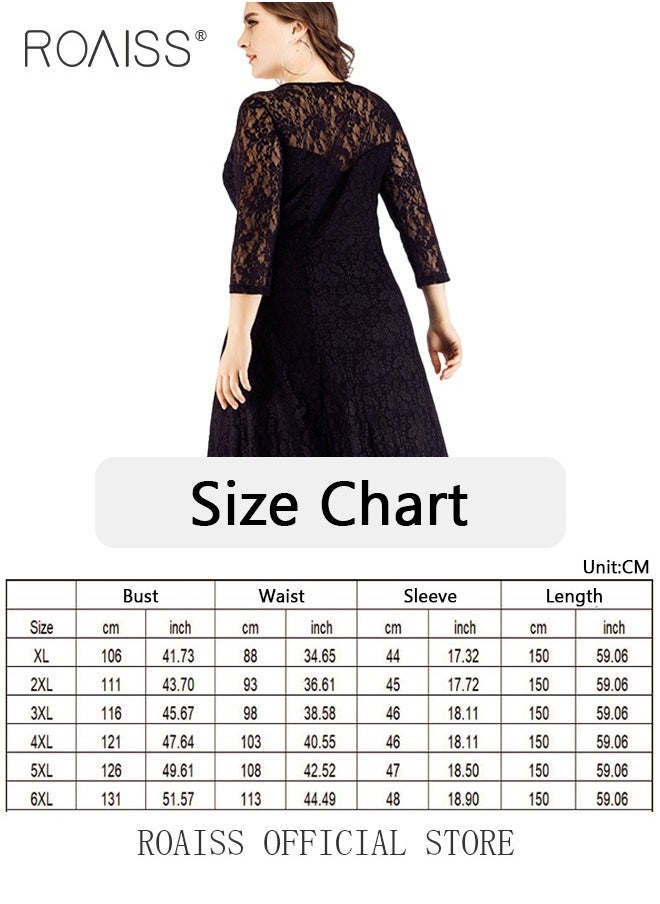 roaiss Plus Size Abaya Long Dress Lace Hollow Pattern  Three-Quarter Sleeve Crew Neck Skirt in Wide Hem Stylish   Formal Evening Gown for Ladies Ramadan Eid al-Adha  - Image 5