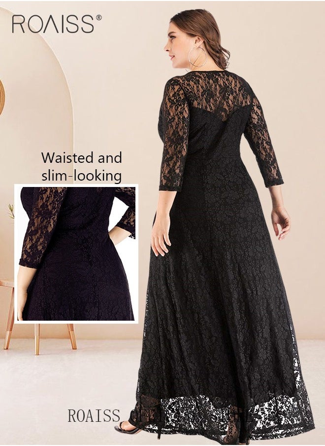 roaiss Plus Size Abaya Long Dress Lace Hollow Pattern  Three-Quarter Sleeve Crew Neck Skirt in Wide Hem Stylish   Formal Evening Gown for Ladies Ramadan Eid al-Adha  - Image 2