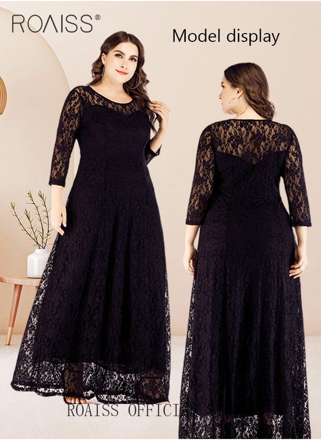 roaiss Plus Size Abaya Long Dress Lace Hollow Pattern  Three-Quarter Sleeve Crew Neck Skirt in Wide Hem Stylish   Formal Evening Gown for Ladies Ramadan Eid al-Adha  - Image 3