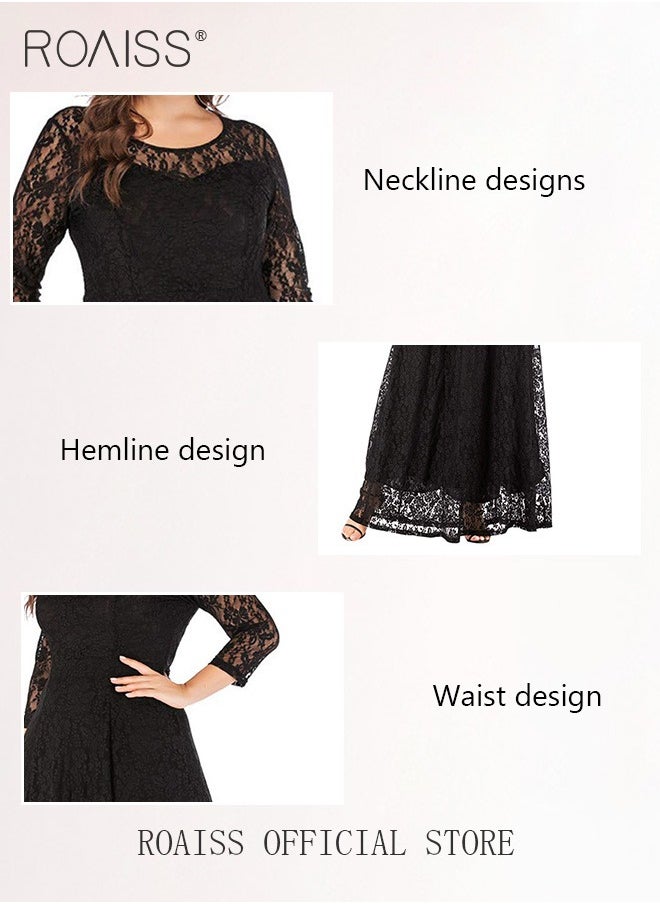 roaiss Plus Size Abaya Long Dress Lace Hollow Pattern  Three-Quarter Sleeve Crew Neck Skirt in Wide Hem Stylish   Formal Evening Gown for Ladies Ramadan Eid al-Adha  - Image 4