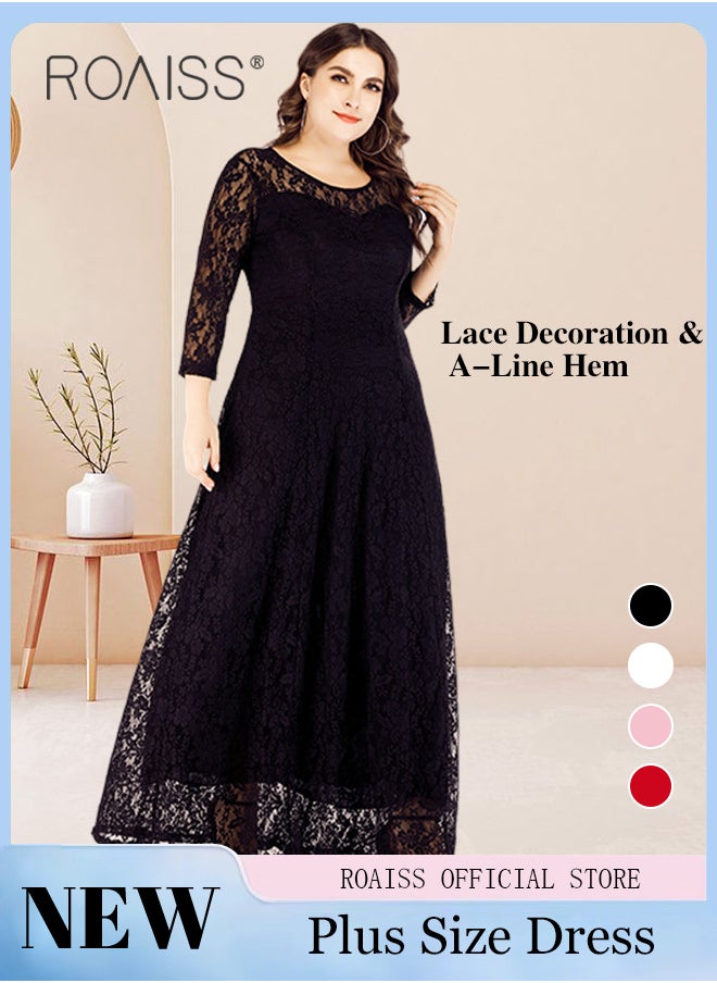 roaiss Plus Size Abaya Long Dress Lace Hollow Pattern  Three-Quarter Sleeve Crew Neck Skirt in Wide Hem Stylish   Formal Evening Gown for Ladies Ramadan Eid al-Adha  - Image 1