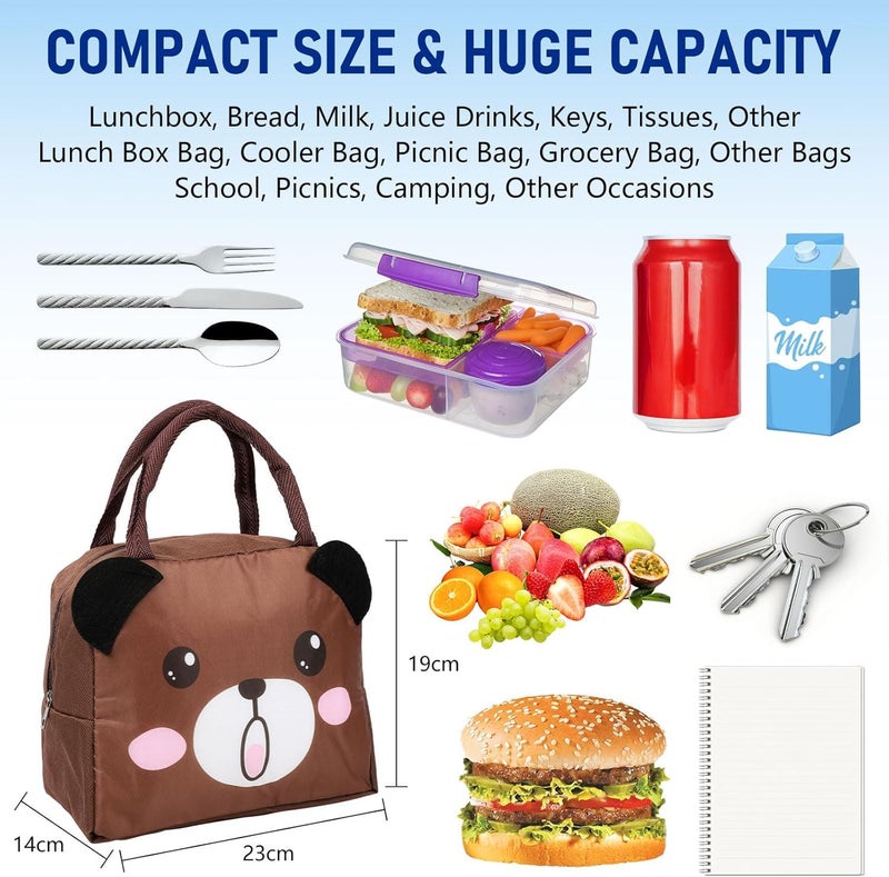 Flywind Kids Lunch Bag for Girls Boys Students | Small Foldable Waterproof Lunch Box for Travel Picnic School | Reusable Cartoon Insulated Lunchbag (Brown Bear) - Image 2