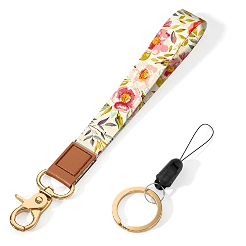 Hsxnam Wrist Lanyard Key Chain, Cute Wristlet Strap Keychain Holder for Women Men Keys ID Badges Phone Airpods, Flower Leaves - Image 1