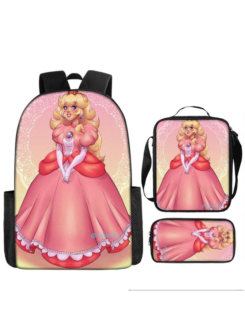 General - 3 Pcs Princess Peach School Bag Satchel Pencil Case Animated Game Super Mario Gifts For Kids Birthday Gift Start Of School Gift - Image 1