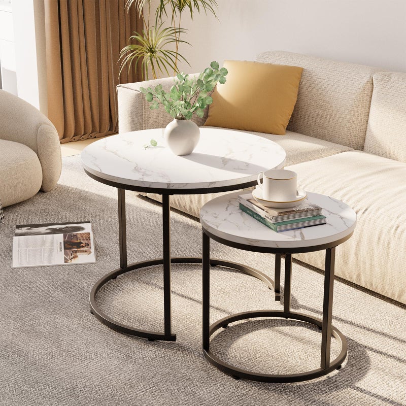 aboxoo Round Nesting Coffee Table Side Table Set of 2 End Tables for Living Room Bedroom Balcony, White Faux Marble Wooden Table Accent Coffee Table with Black Steel Frame - Image 4
