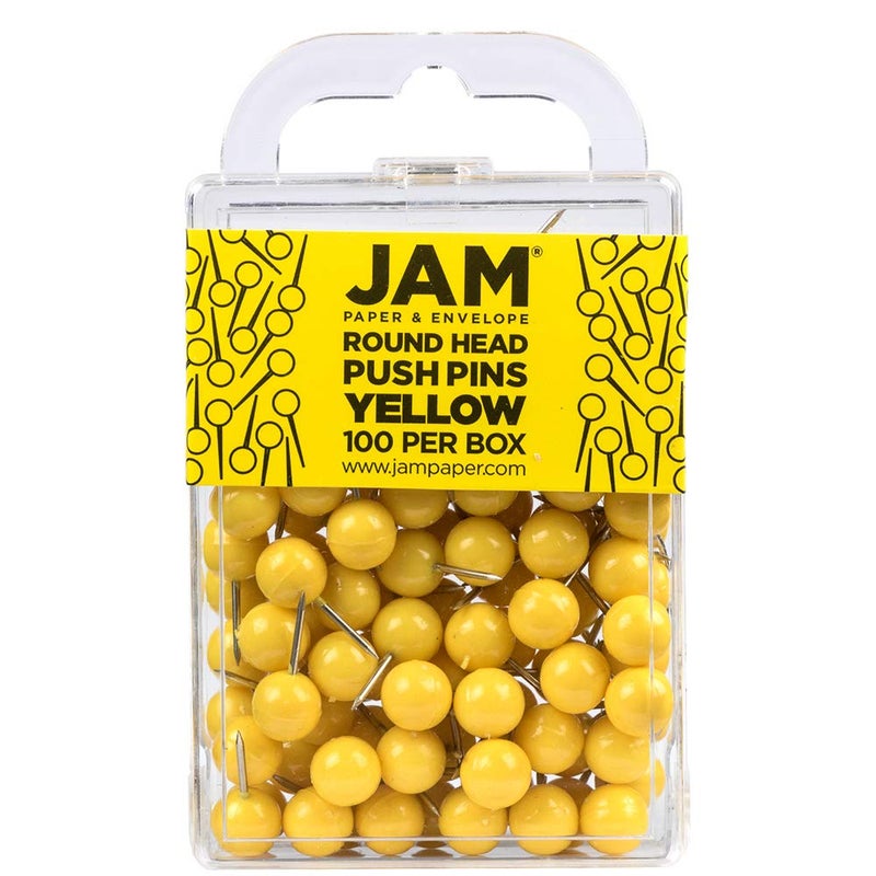 JAM PAPER Colorful Push Pins  Round Head Map Thumb Tacks  Yellow Pushpins  100Pack