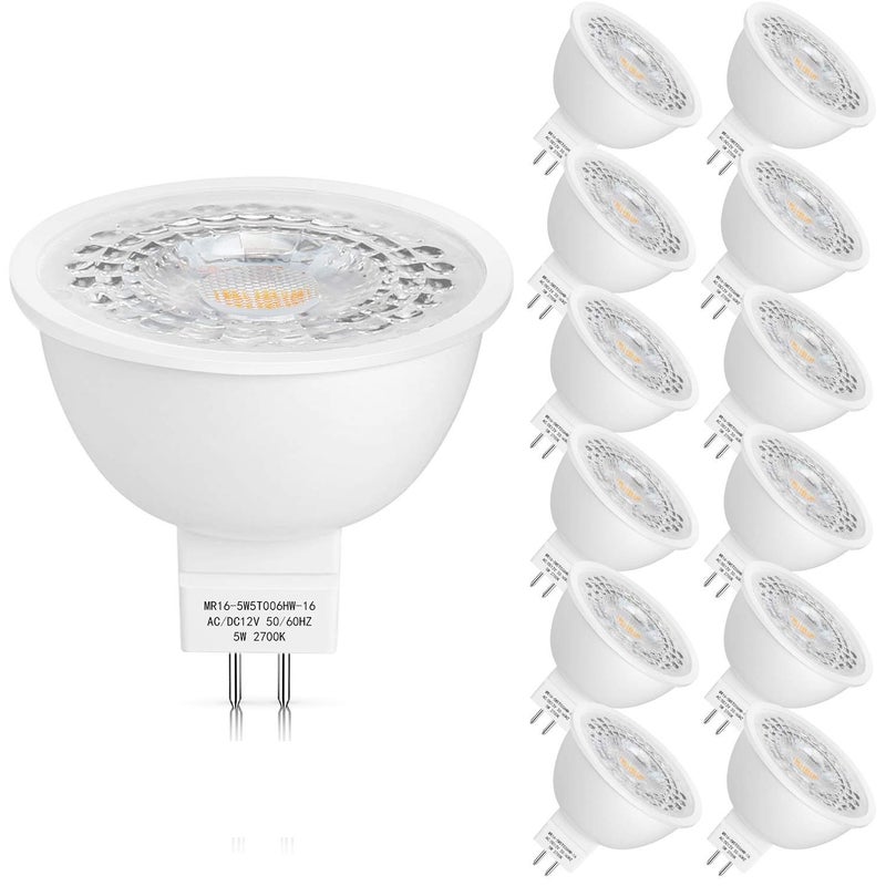 Mlambert لمبرت 12 حزمة لمبات LED MR16 50W مكافئ هالوجين، 2700K أبيض دافئ، 5W GU5.3 لمبة سبوتلايت MR16 12V، غير قابلة للتعتيم، زاوية شعاع 45° للمناظر الطبيعية - Image 1