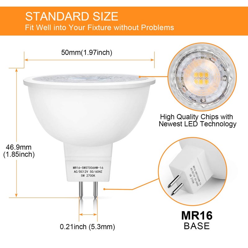 Mlambert لمبرت 12 حزمة لمبات LED MR16 50W مكافئ هالوجين، 2700K أبيض دافئ، 5W GU5.3 لمبة سبوتلايت MR16 12V، غير قابلة للتعتيم، زاوية شعاع 45° للمناظر الطبيعية - Image 4
