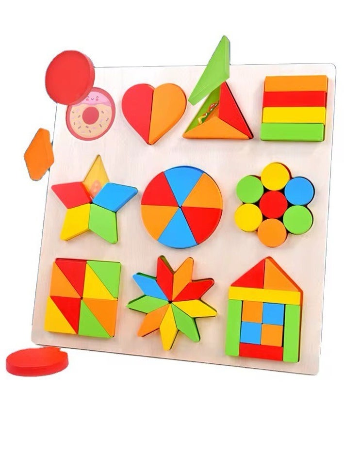 Generic Wooden Geometric Shapes Puzzle Board, Educational Montessori Learning Toy for Children, Colourful Fraction Pattern Blocks  - Image 1
