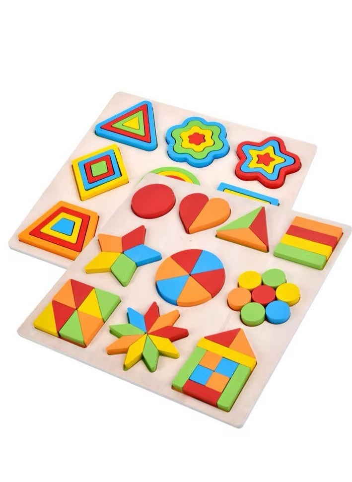 Generic Wooden Geometric Shapes Puzzle Board, Educational Montessori Learning Toy for Children, Colourful Fraction Pattern Blocks  - Image 2