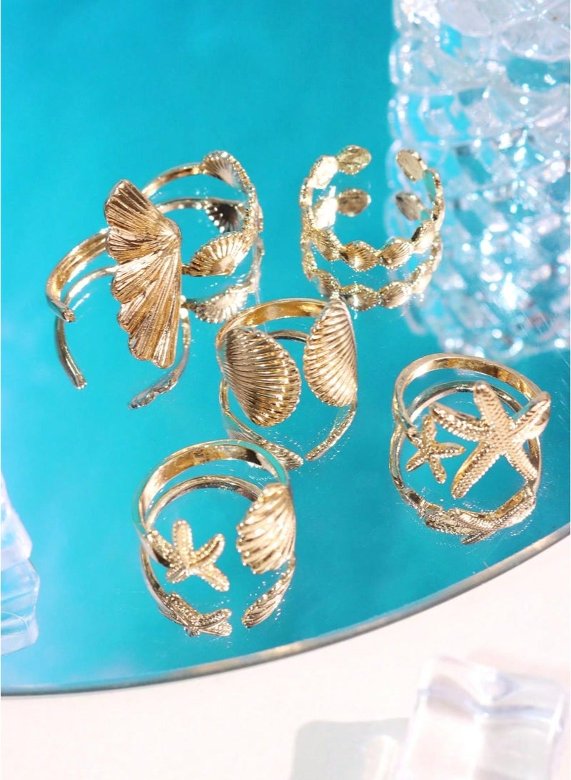 Shein 6pcs/Set Vintage Smooth Plain Rings, Fashionable Bohemian Starfish Shell Geometric Ring Set, - Image 4