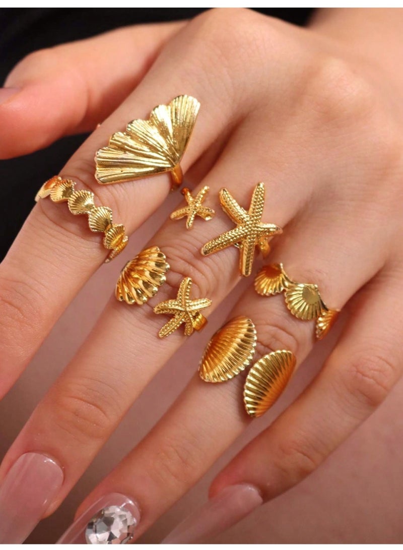 Shein 6pcs/Set Vintage Smooth Plain Rings, Fashionable Bohemian Starfish Shell Geometric Ring Set, - Image 1