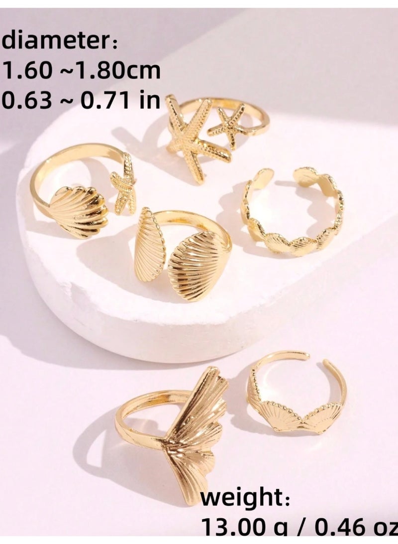 Shein 6pcs/Set Vintage Smooth Plain Rings, Fashionable Bohemian Starfish Shell Geometric Ring Set, - Image 2