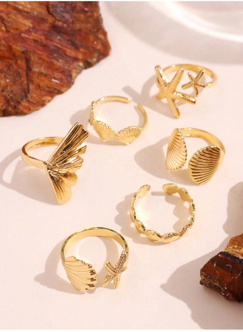 Shein 6pcs/Set Vintage Smooth Plain Rings, Fashionable Bohemian Starfish Shell Geometric Ring Set, - Image 5