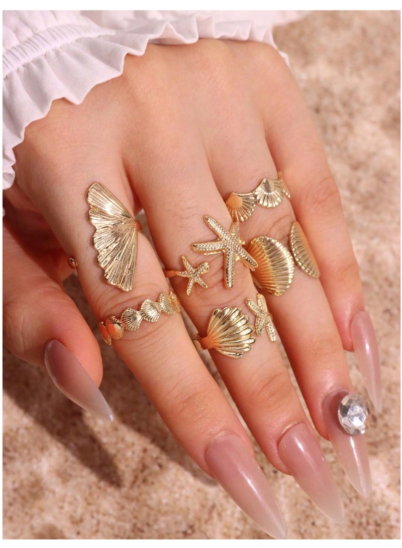 Shein 6pcs/Set Vintage Smooth Plain Rings, Fashionable Bohemian Starfish Shell Geometric Ring Set, - Image 3