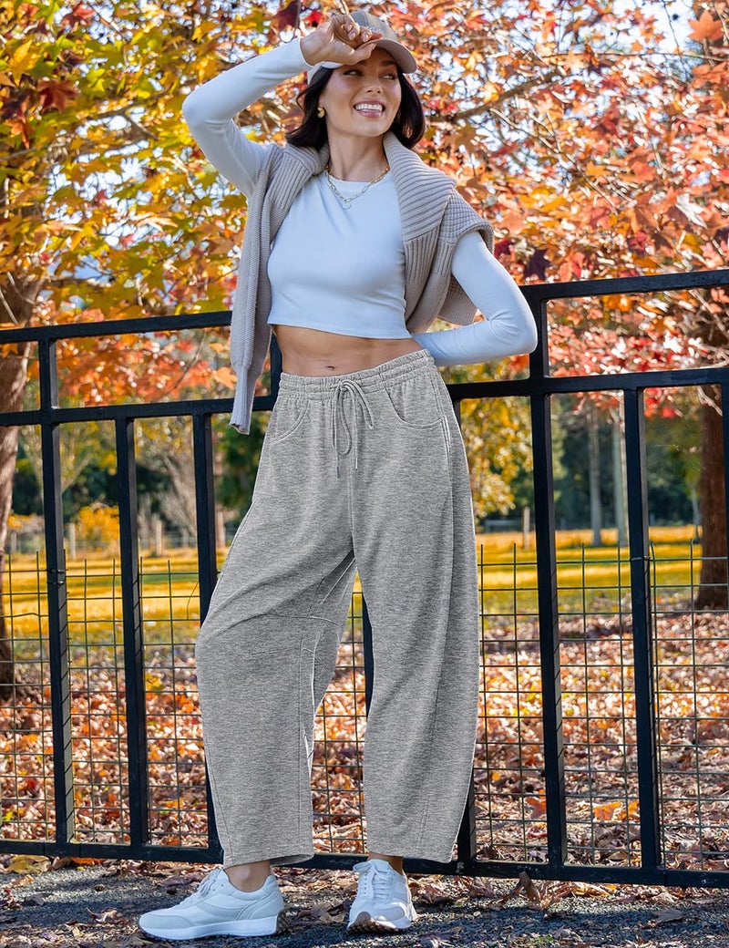TARSE Barrel Sweatpants for Women Cotton Elastic High Waisted Drawstring Loose Pants with Pockets, FlowerGray XL - Image 2