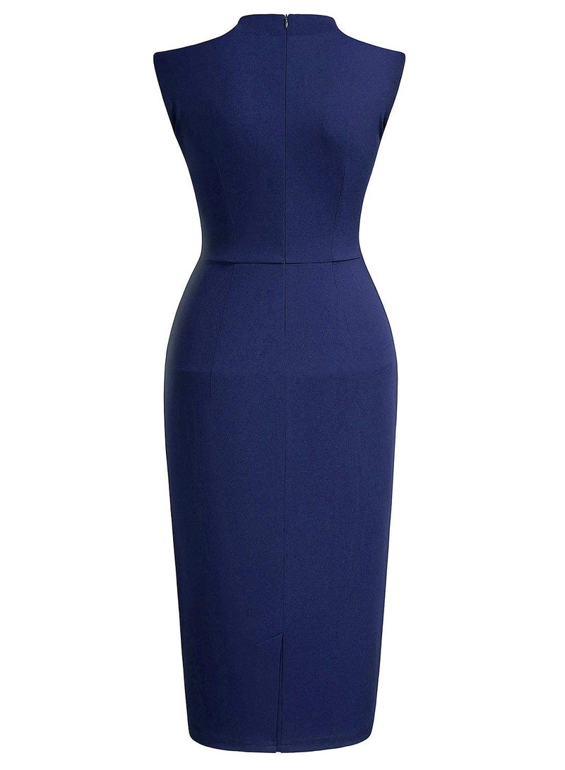 Miusol Women's Retro 1950s Style Half Collar Ruffle Cocktail Pencil Dress (Small, A-Navy Blue) - Image 4