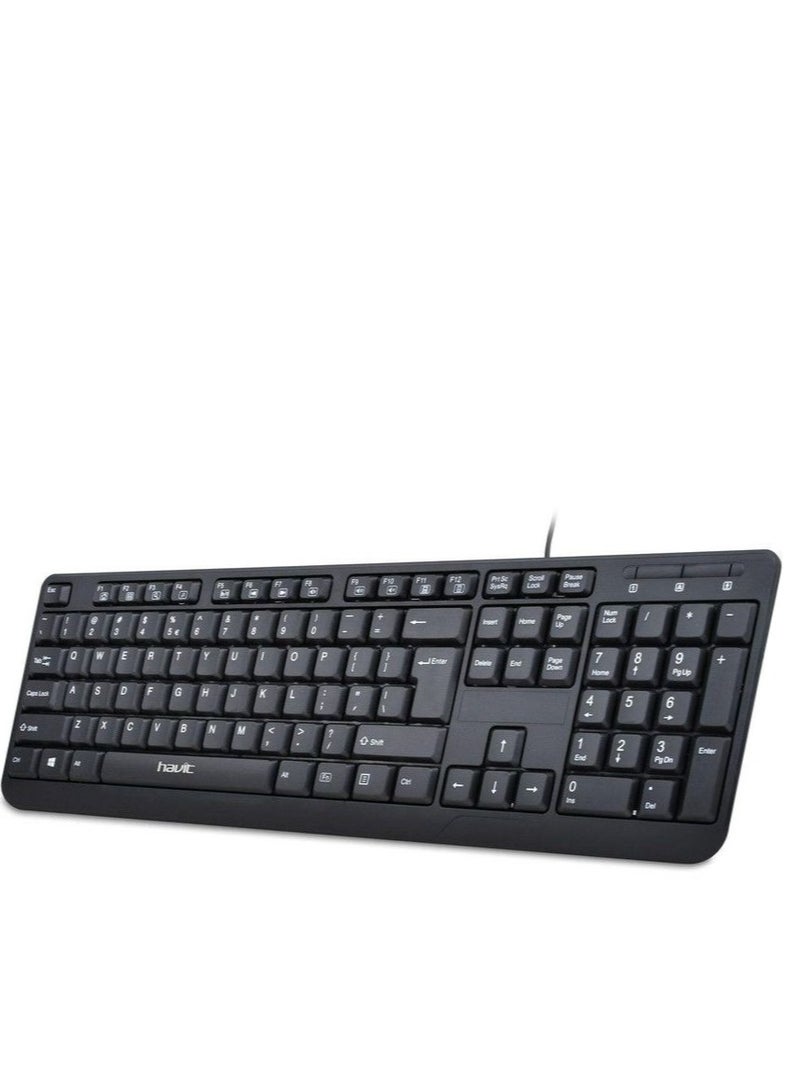 havit Wired USB Keyboard with Full-Size 104 Keys, Quiet Low-Profile Typing, Numeric Keypad, 12 Multimedia Hotkeys, Waterproof Spill-Resistant Design, Durable 10 Million Keystroke Lifespan, Plug-and-Play for Windows/Linux Desktop, Laptop - Ideal for Office, Home, School, and Daily Use - Image 1