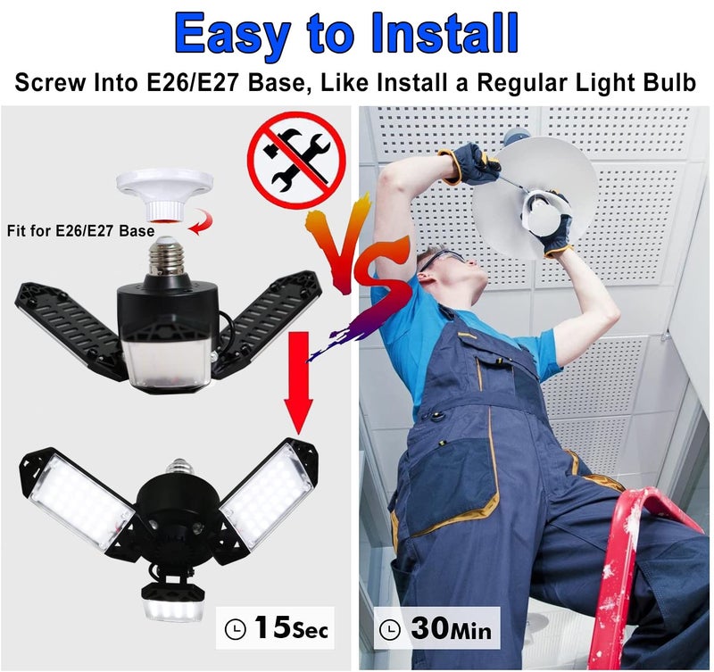 Meiqils 2Pack 80W LED Garage Light, 8000 Lumen Ceiling Lights with 3 Adjustable Panels, 6500K Daylight Light Bulb Fixture LED Lights for Garage, E26/E27 LED Shop Lights, Attic Workshop LED Bay Light - Image 4