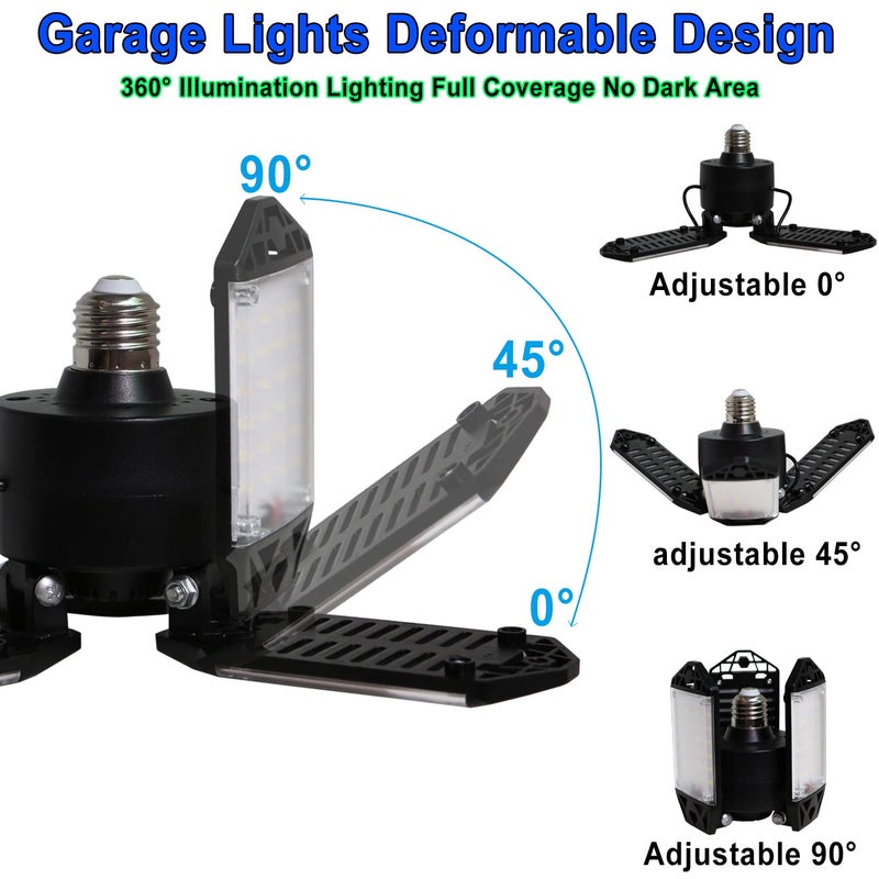 Meiqils 2Pack 80W LED Garage Light, 8000 Lumen Ceiling Lights with 3 Adjustable Panels, 6500K Daylight Light Bulb Fixture LED Lights for Garage, E26/E27 LED Shop Lights, Attic Workshop LED Bay Light - Image 2