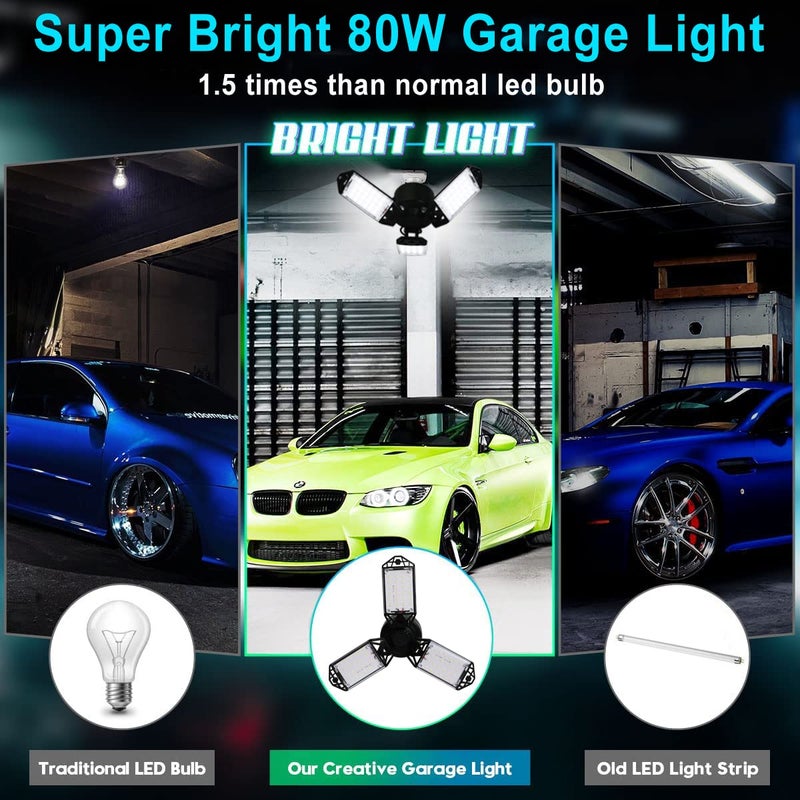 Meiqils 2Pack 80W LED Garage Light, 8000 Lumen Ceiling Lights with 3 Adjustable Panels, 6500K Daylight Light Bulb Fixture LED Lights for Garage, E26/E27 LED Shop Lights, Attic Workshop LED Bay Light - Image 5