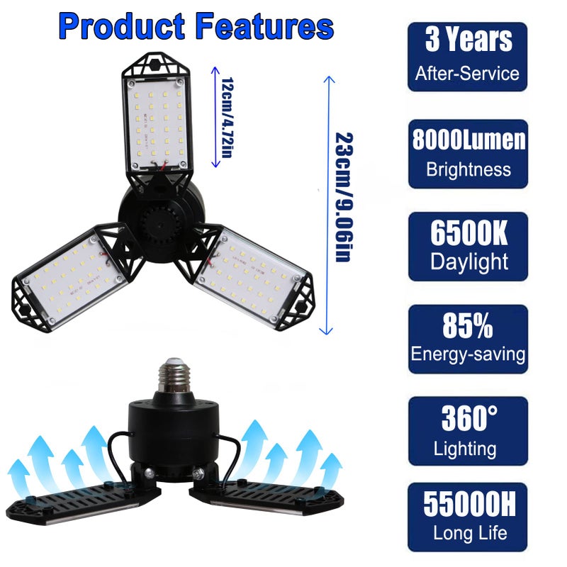 Meiqils 2Pack 80W LED Garage Light, 8000 Lumen Ceiling Lights with 3 Adjustable Panels, 6500K Daylight Light Bulb Fixture LED Lights for Garage, E26/E27 LED Shop Lights, Attic Workshop LED Bay Light - Image 3