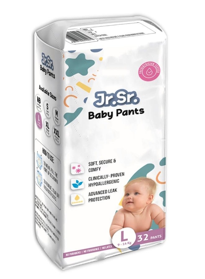 Jr. Sr. Baby Diaper Pants | Large (L) Size (9-14 kg), 32 Count | Pack of 1 | Upto 12 hr Absorption with Advanced Leak Protection | Safe For Babies Skin | Soft, Secure & Comfy - Image 1