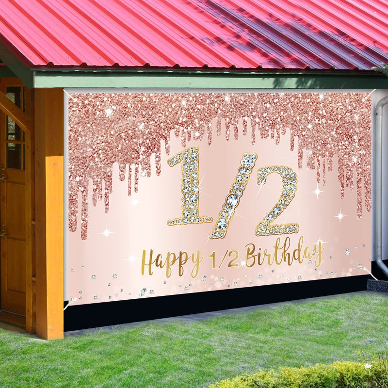 Bumqviy Happy 1/2 Birthday Banner Backdrop Decorations For Girls  Rose Gold Half Birthday Party Sign Supplies  Pink 6 Months Birthday Poster Background Photo Booth Props Decor - Image 3