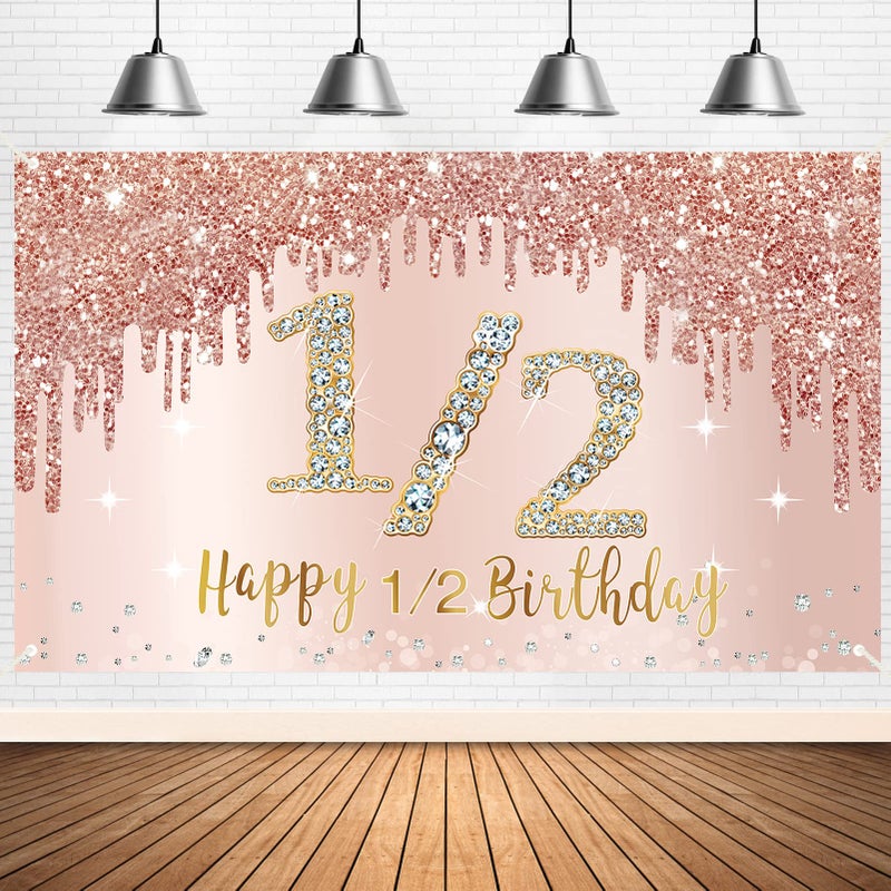Bumqviy Happy 1/2 Birthday Banner Backdrop Decorations For Girls  Rose Gold Half Birthday Party Sign Supplies  Pink 6 Months Birthday Poster Background Photo Booth Props Decor - Image 1