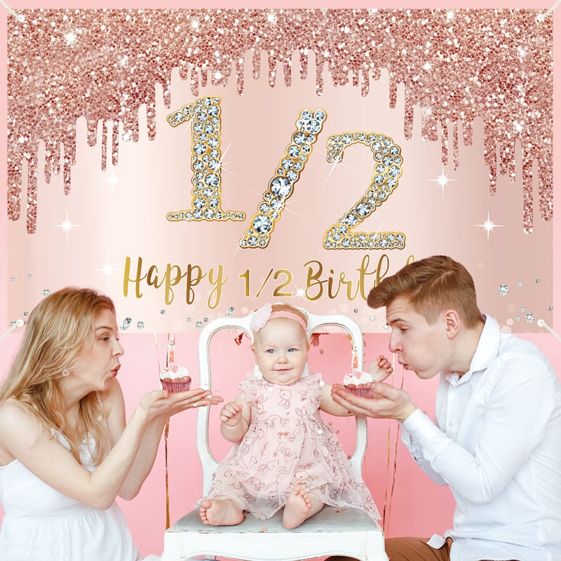 Bumqviy Happy 1/2 Birthday Banner Backdrop Decorations For Girls  Rose Gold Half Birthday Party Sign Supplies  Pink 6 Months Birthday Poster Background Photo Booth Props Decor - Image 5
