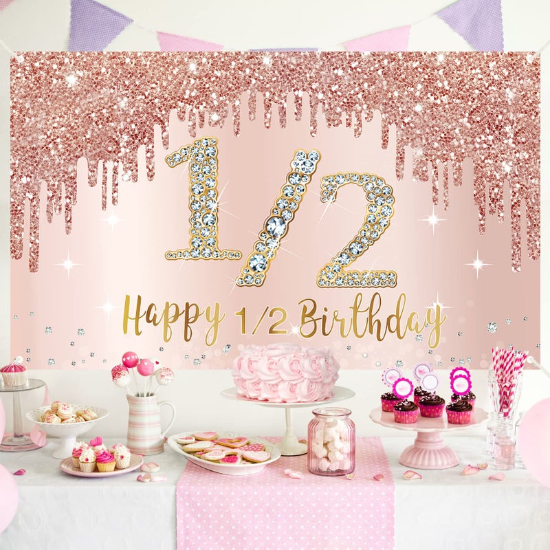 Bumqviy Happy 1/2 Birthday Banner Backdrop Decorations For Girls  Rose Gold Half Birthday Party Sign Supplies  Pink 6 Months Birthday Poster Background Photo Booth Props Decor - Image 4