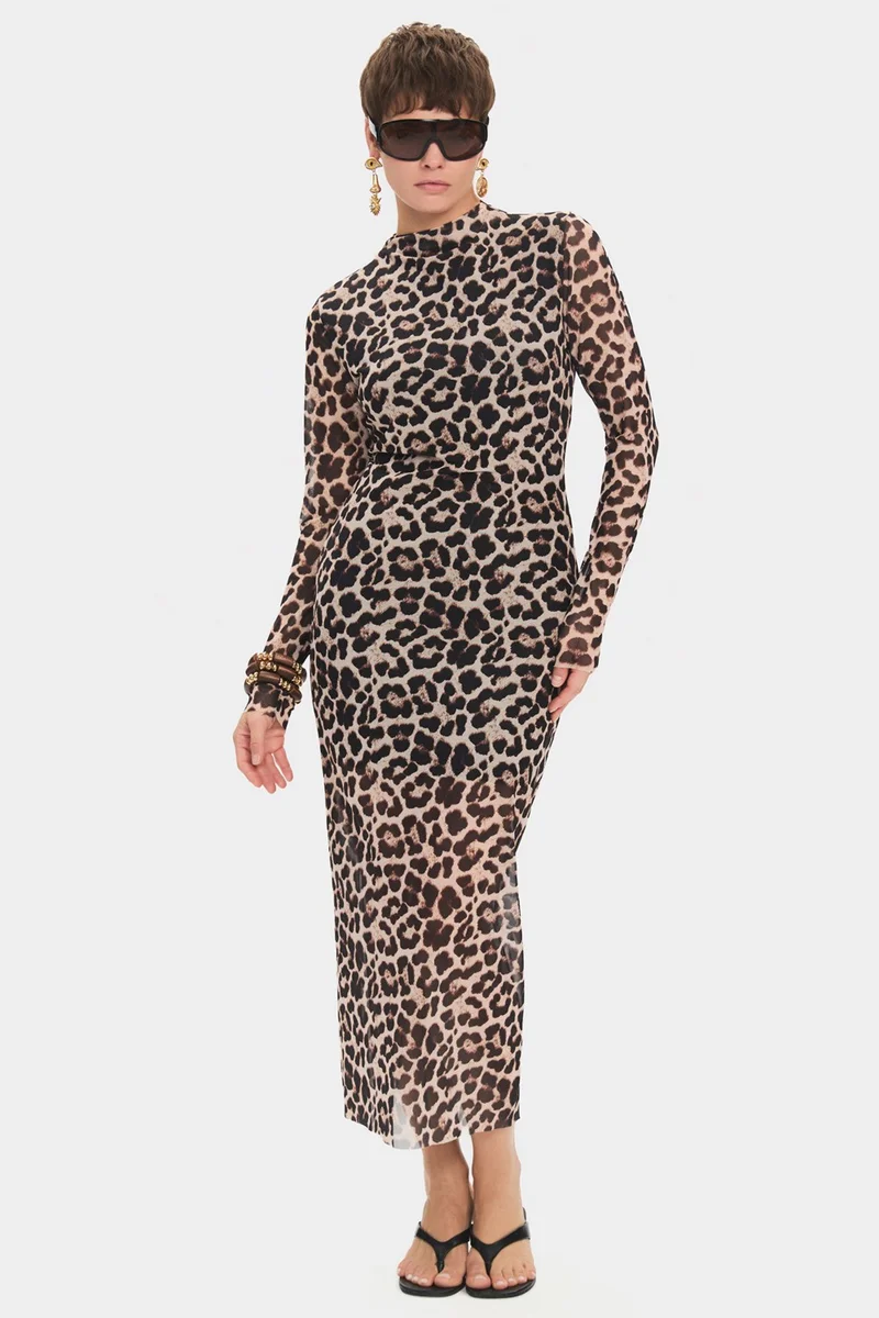 جون Women's Stand Collar Leopard Patterned Tulle Detailed Midi Dress