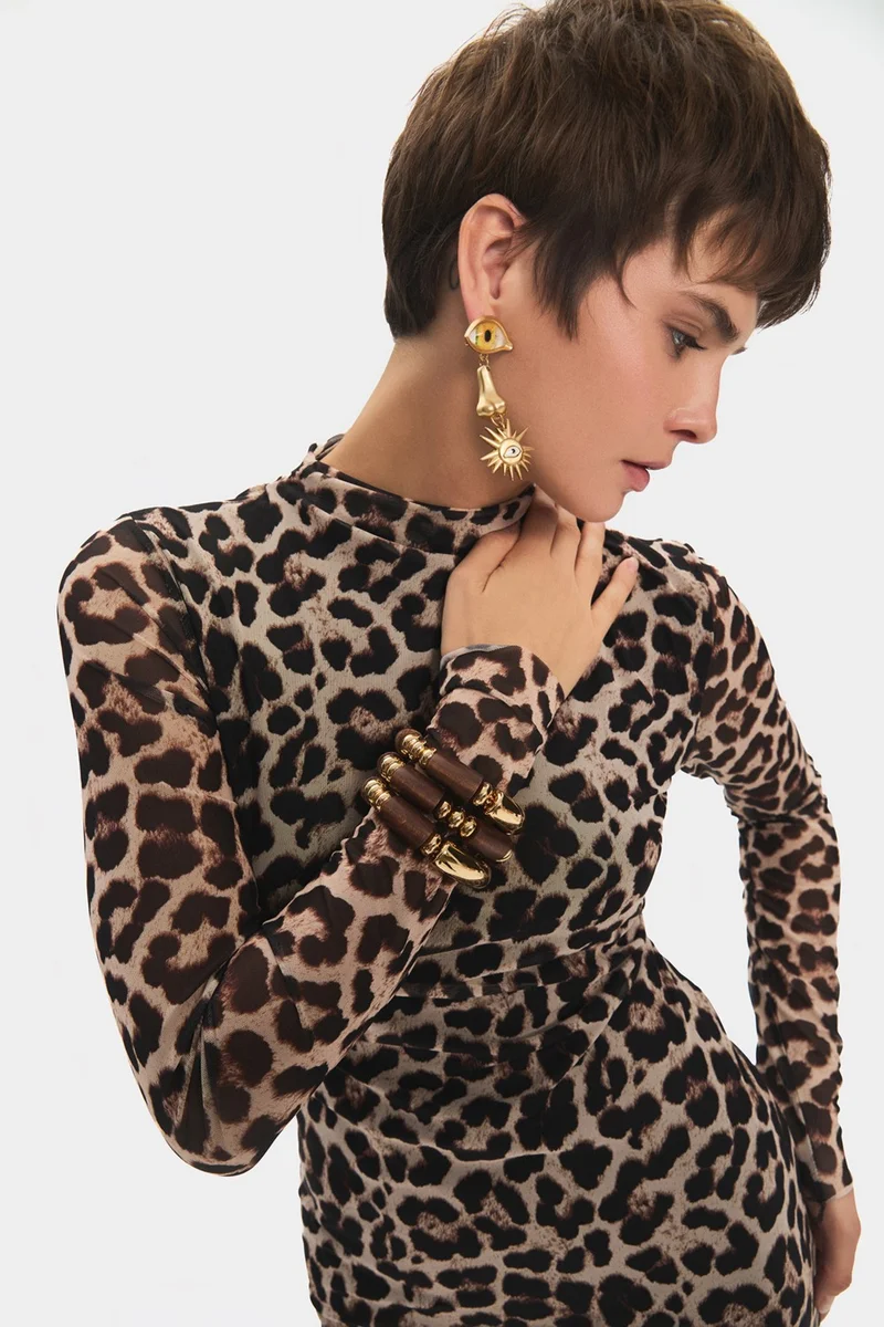 جون Women's Stand Collar Leopard Patterned Tulle Detailed Midi Dress