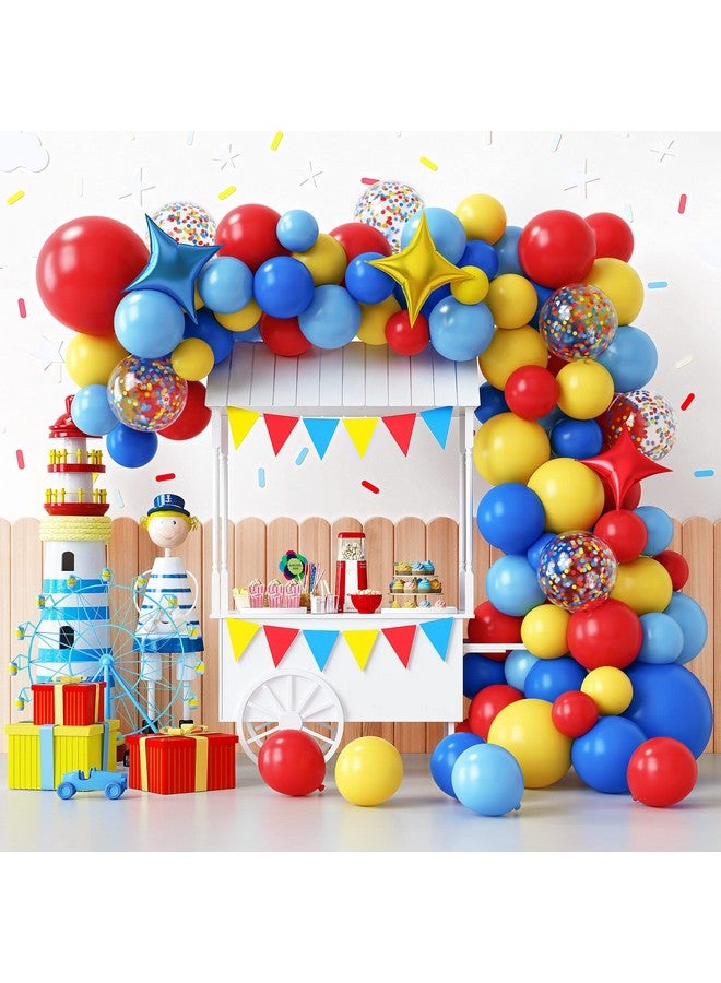 RUBFAC Carnival Circus Balloon Garland Arch Kit, 120pcs Red Blue Yellow Primary Color Balloons Rainbow Multicolor Confetti and Star Foil Balloons for Birthday Party Carnival Theme Decorations - Image 1