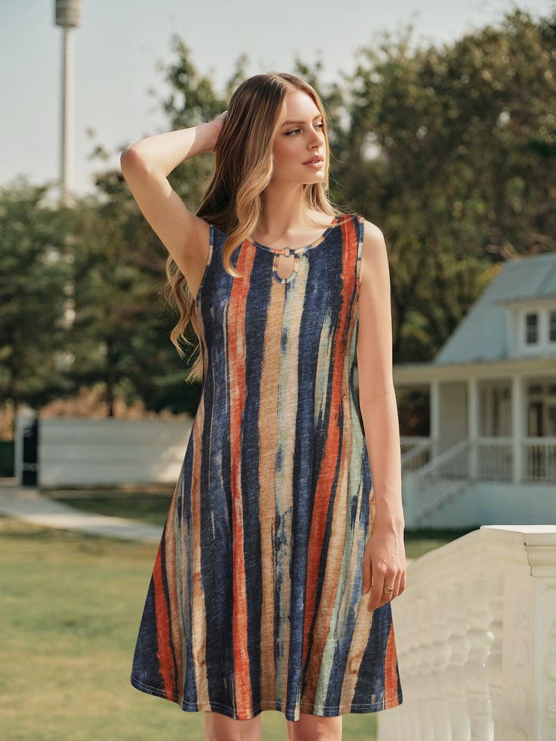 elescat Summer Dresses for Women Casual Sleeveless Sundress Floral Loose Fit Beach Cover Up with Pocketï¼ˆColorful Stripe, L - Image 2