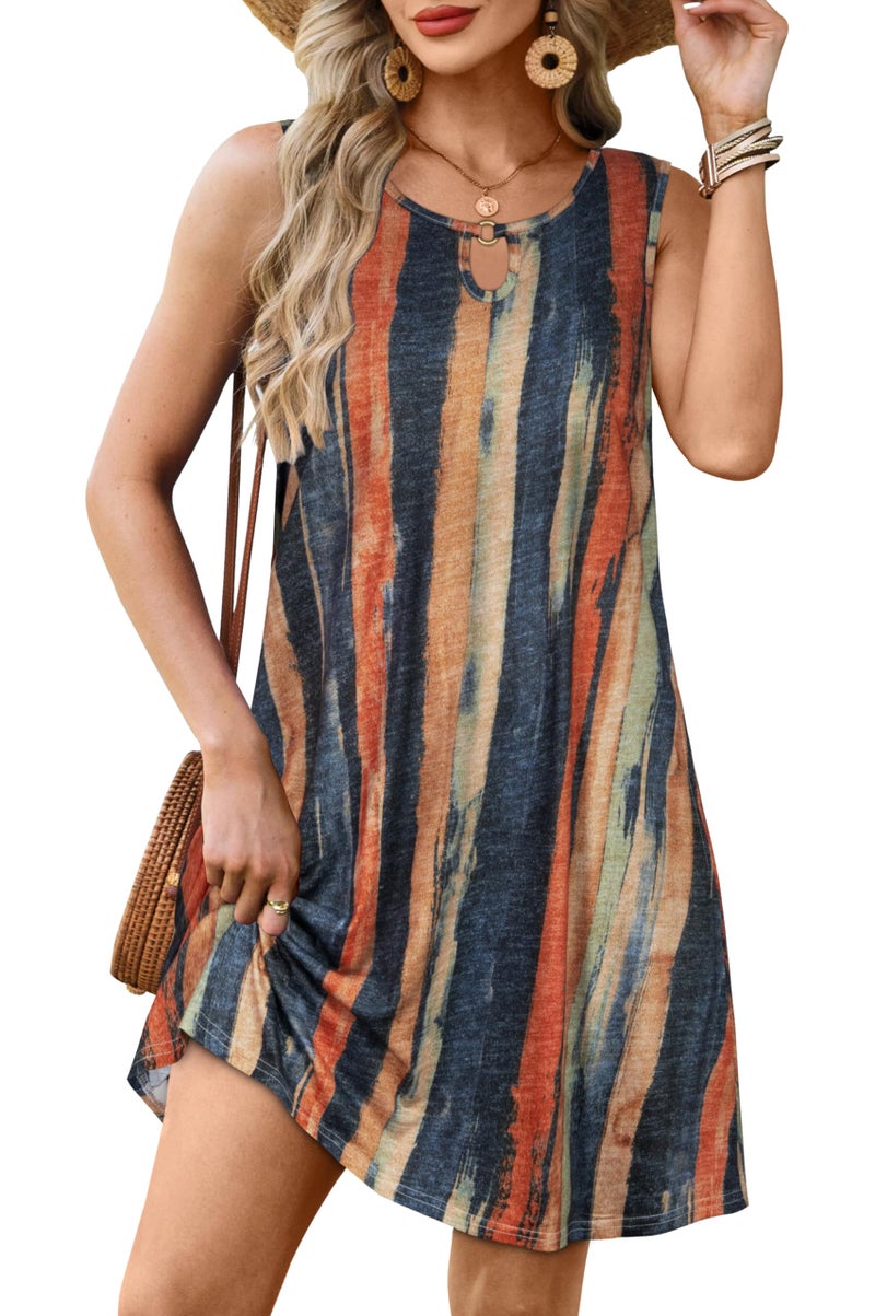 elescat Summer Dresses for Women Casual Sleeveless Sundress Floral Loose Fit Beach Cover Up with Pocketï¼ˆColorful Stripe, L - Image 1