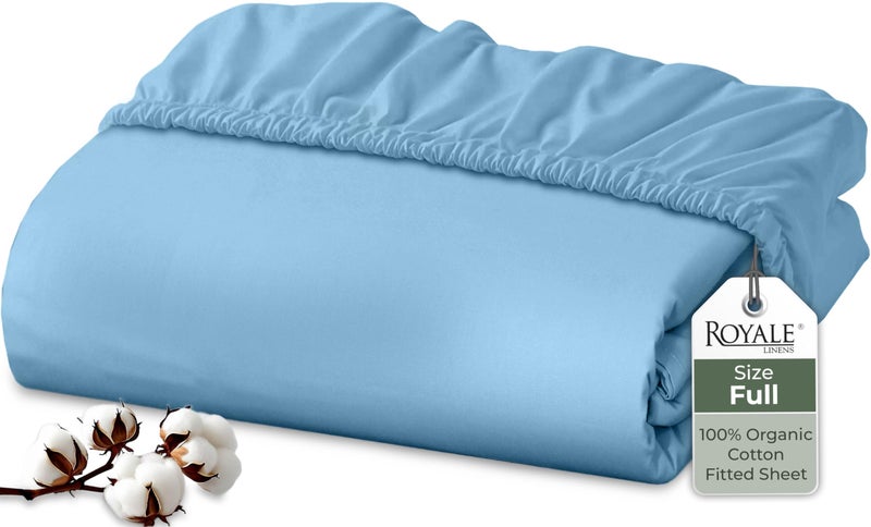 Royale Linens 100% Organic Cotton Fitted Sheet - Percale Weave - Super Soft Deep Pocket Bottom Sheets - Lake Blue Elastic Sheet Full Size - Full Fitted Sheets Only - (54"x75"+15", Lake Blue) - Image 1
