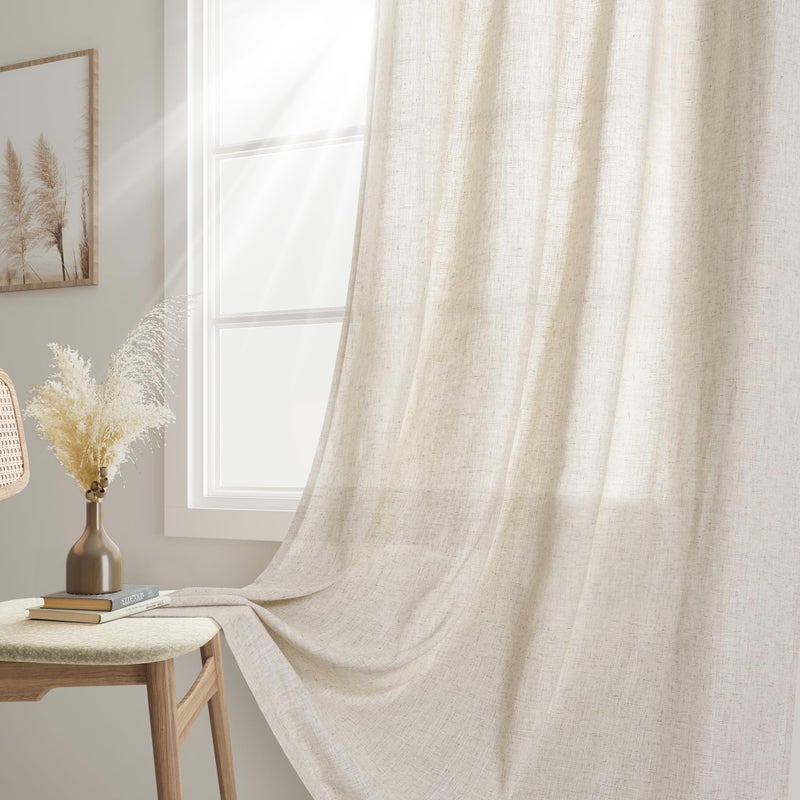 Joywell White Back Tab Linen Curtains 72 Inches Long 2 Panels for Living Room Bedroom Neutral Boho Farmhouse Rustic Light Filtering Semi Sheer Curtains Window Treatment 52x72 - Image 2