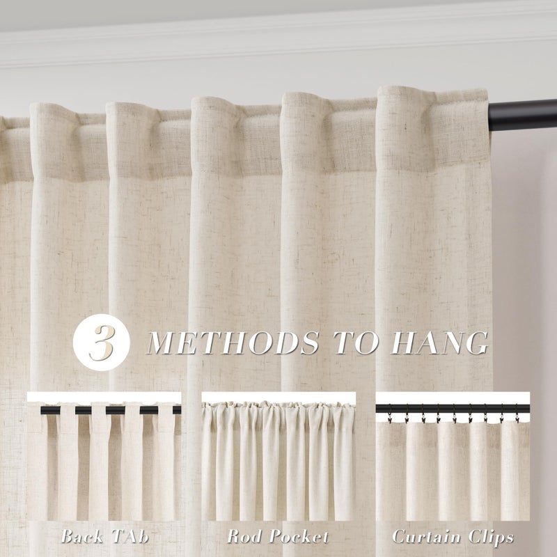 Joywell White Back Tab Linen Curtains 72 Inches Long 2 Panels for Living Room Bedroom Neutral Boho Farmhouse Rustic Light Filtering Semi Sheer Curtains Window Treatment 52x72 - Image 3