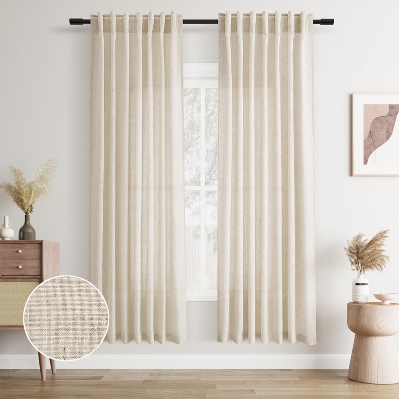 Joywell White Back Tab Linen Curtains 72 Inches Long 2 Panels for Living Room Bedroom Neutral Boho Farmhouse Rustic Light Filtering Semi Sheer Curtains Window Treatment 52x72 - Image 1