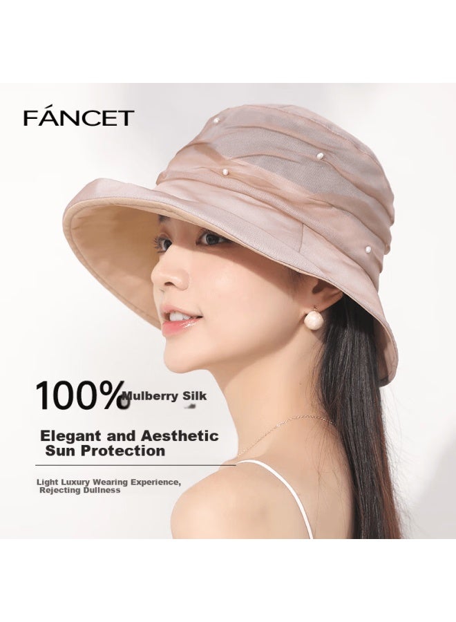 Fancet Mulberry Silk Sun Hat Elegant Pearl Lightweight Silk Sun Protection Bucket Hat Birthday Gift For Elders