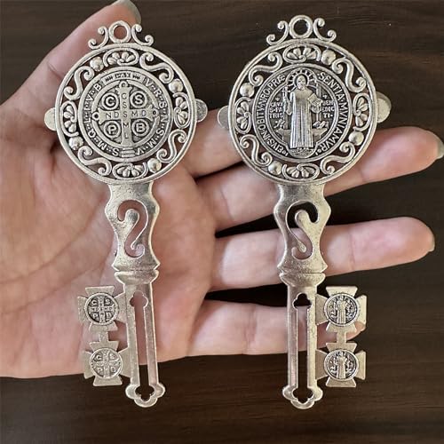 Bovemee 2Pcs/Set Enamel Double Side Saint Benedict 4.9inchX2.9inch Key Blessing For Protection - Medalla de san benito Home and Door hanger - Wall Hanger Catholic Easter Day Gifts - Llave de San Benito Gift (Silver) - Image 1
