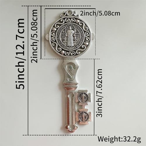 Bovemee 2Pcs/Set Enamel Double Side Saint Benedict 4.9inchX2.9inch Key Blessing For Protection - Medalla de san benito Home and Door hanger - Wall Hanger Catholic Easter Day Gifts - Llave de San Benito Gift (Silver) - Image 4