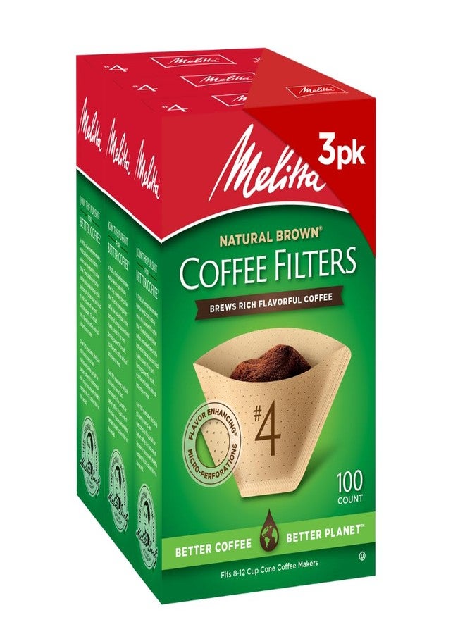 Melitta #4 Cone Coffee Filters, Natural Brown, 100 Count (Pack Of 3), 300 Total Filters - Fits all 8-12 Cup Cone Coffee Makers and Pour-Overs, Compostable, Tear-Resistant - Image 1