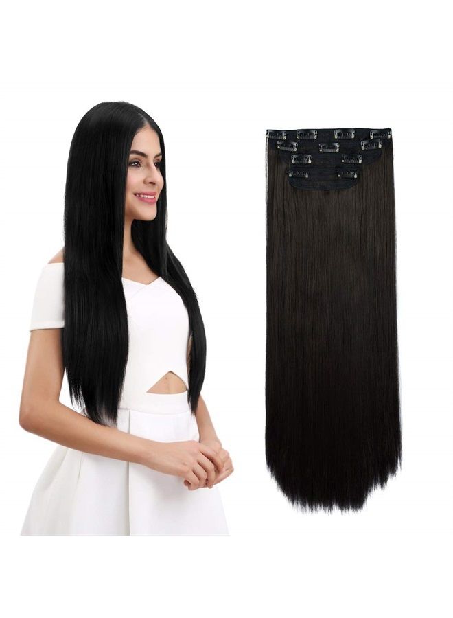 24" Straight Long 4 PCS Set Thick Clip in on Hair Extensions Black Brown