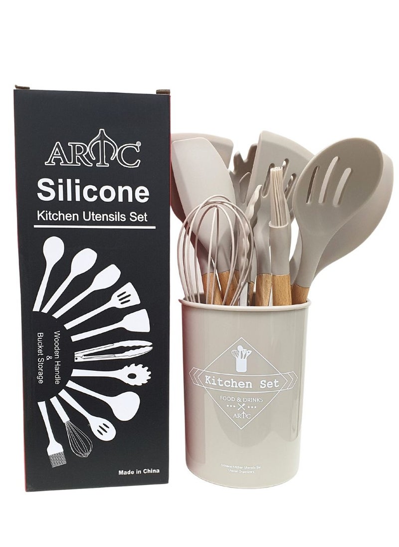 ARTC 12 Pieces Heat Resistant Non-Stick Silicone Cooking Utensil Set Beige  - Image 1