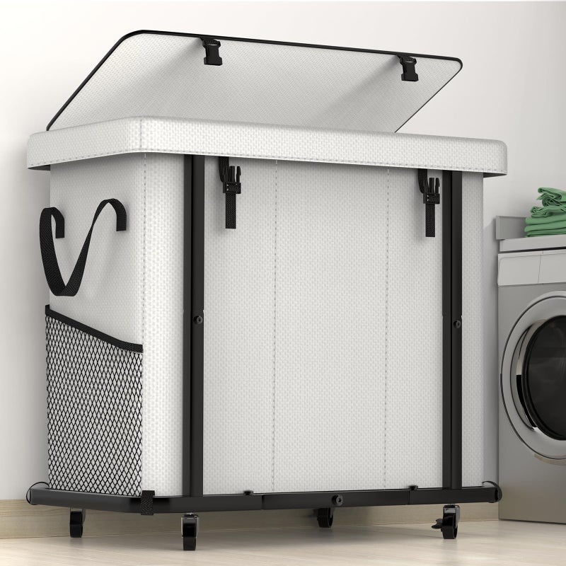 kunlabori 60 Gal230L Laundry Basket with Lid Rolling Laundry Hamper with Wheels Dirty Clothes Hamper with Metal Frame and Removable Bag Design Suitable for Laundry Room BedroomWhite 3 Section 230L - Image 2