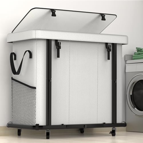 kunlabori 60 Gal230L Laundry Basket with Lid Rolling Laundry Hamper with Wheels Dirty Clothes Hamper with Metal Frame and Removable Bag Design Suitable for Laundry Room BedroomWhite 3 Section 230L - Image 1
