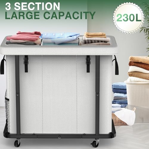 kunlabori 60 Gal230L Laundry Basket with Lid Rolling Laundry Hamper with Wheels Dirty Clothes Hamper with Metal Frame and Removable Bag Design Suitable for Laundry Room BedroomWhite 3 Section 230L - Image 3