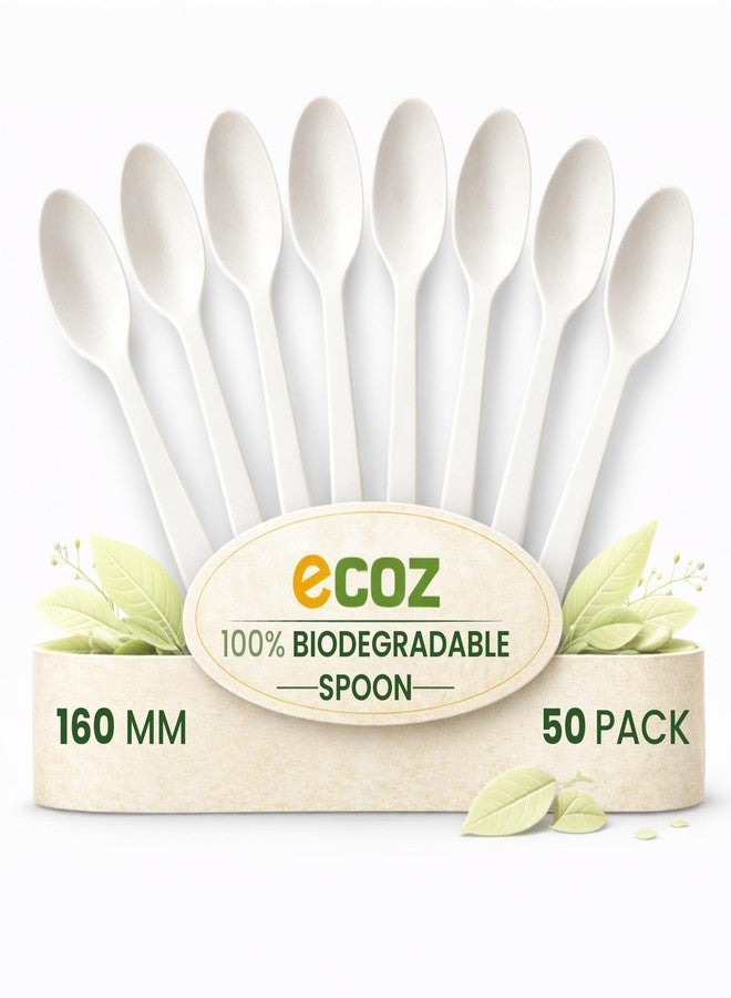 Ecoz Biodegradable Cornstarch Disposable Spoons 6 Inch (160 mm) Pack of 50 | Eco Friendly Compostable Plastic Free Cutlery | Ideal for Party Catering Takeaway Food Service and Events - Image 1